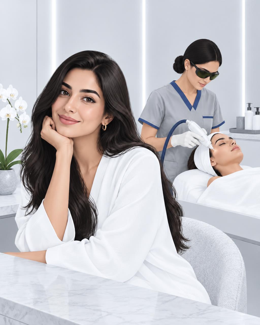 Illustration of a Glow & Go therapist performing a treatment beside a smiling client