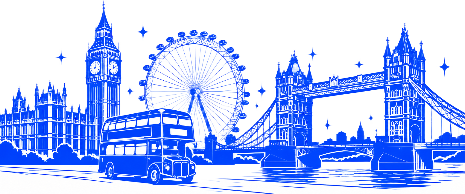 Comic London skyline with Big Ben, the London Eye, Tower Bridge and a double-decker bus